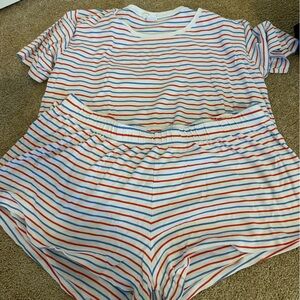 Striped Cotton Short Pajama Set - White with Red & Blue Stripes